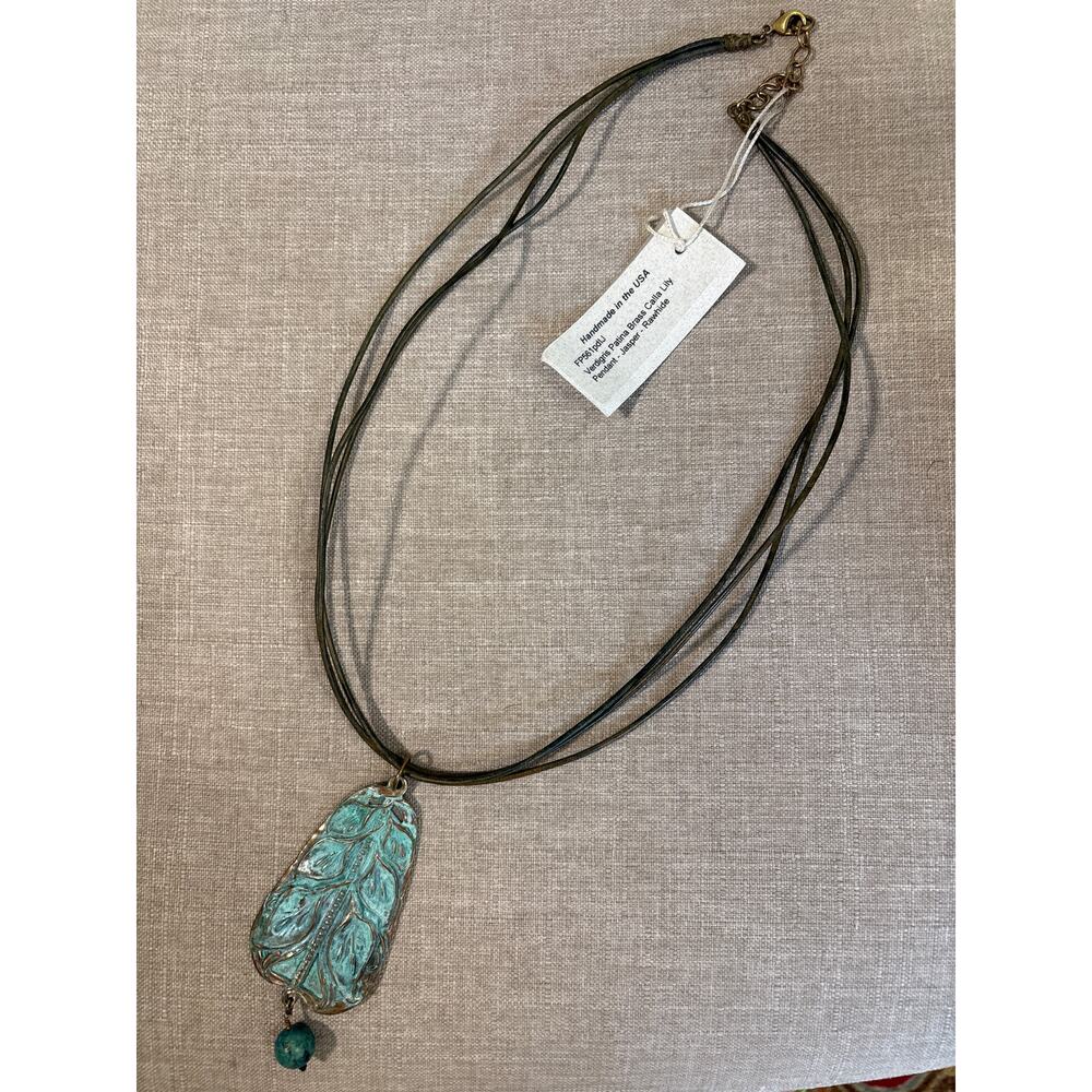 Elaine Coyne Verdigris Patina Brass Calla Lily Pendant Necklace Imperial Jasper